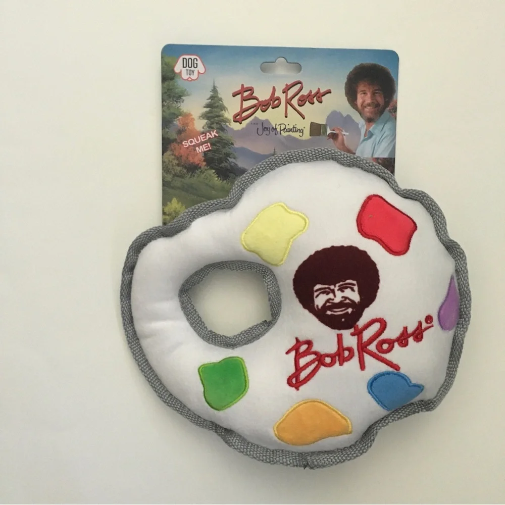 Dog Toy Bob Ross Palette Plush Squeaker White - Multicolor Paint Splotches NEW